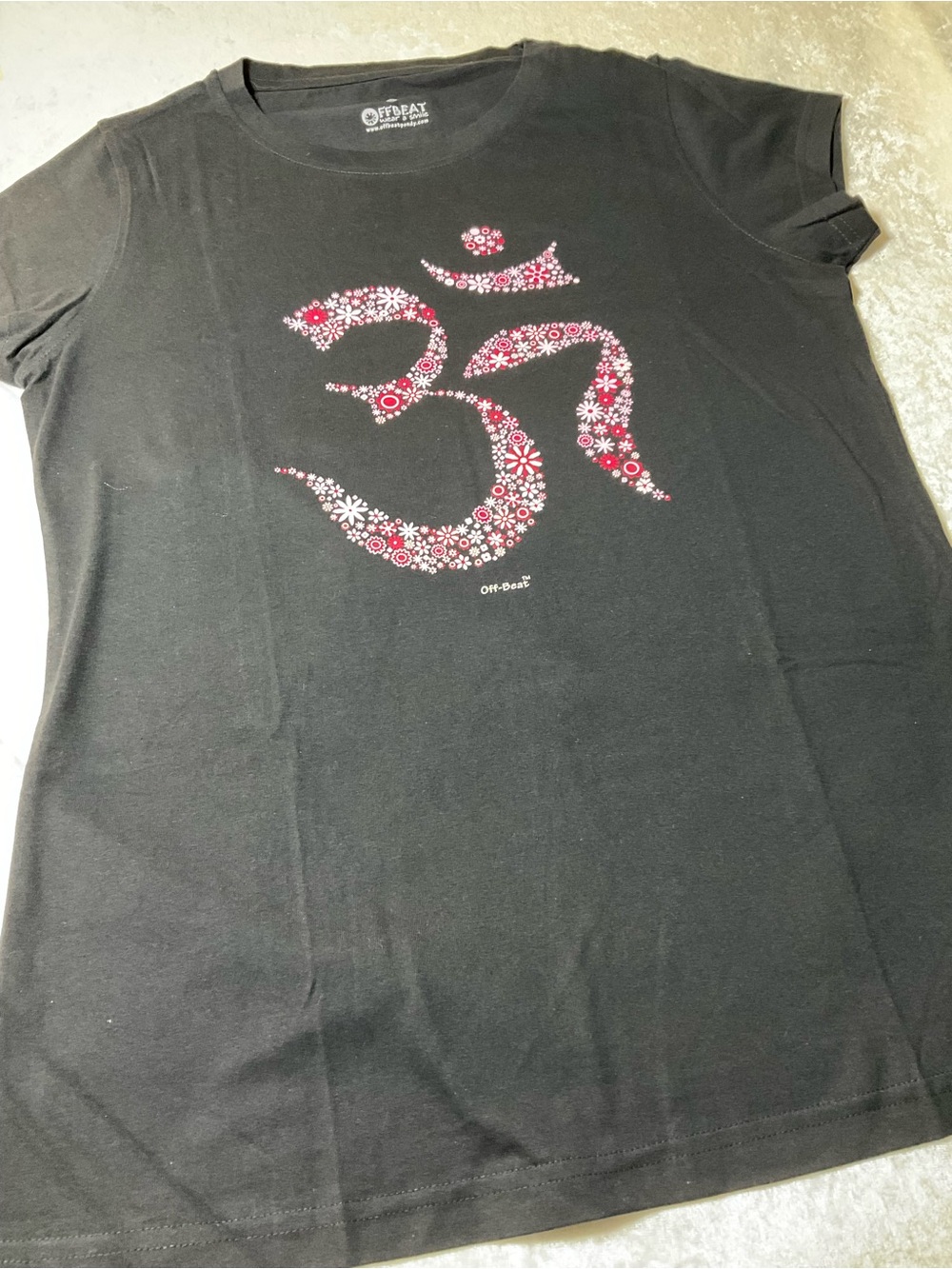 Women's Black Short-Sleeve Tee with Pink Floral Om Graphic